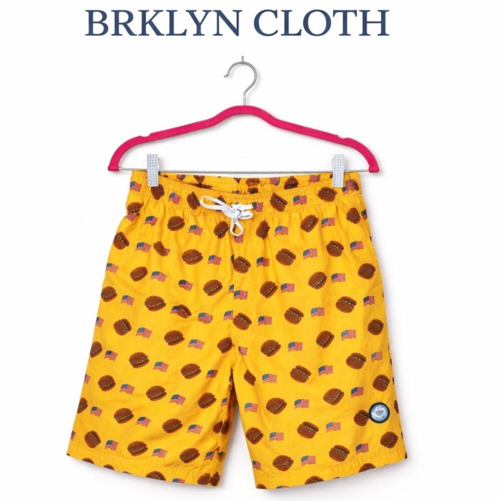 Brklyn Brooklyn Cloth Patriotic Swim Trunks Hamburger Print Americana Pool Beach